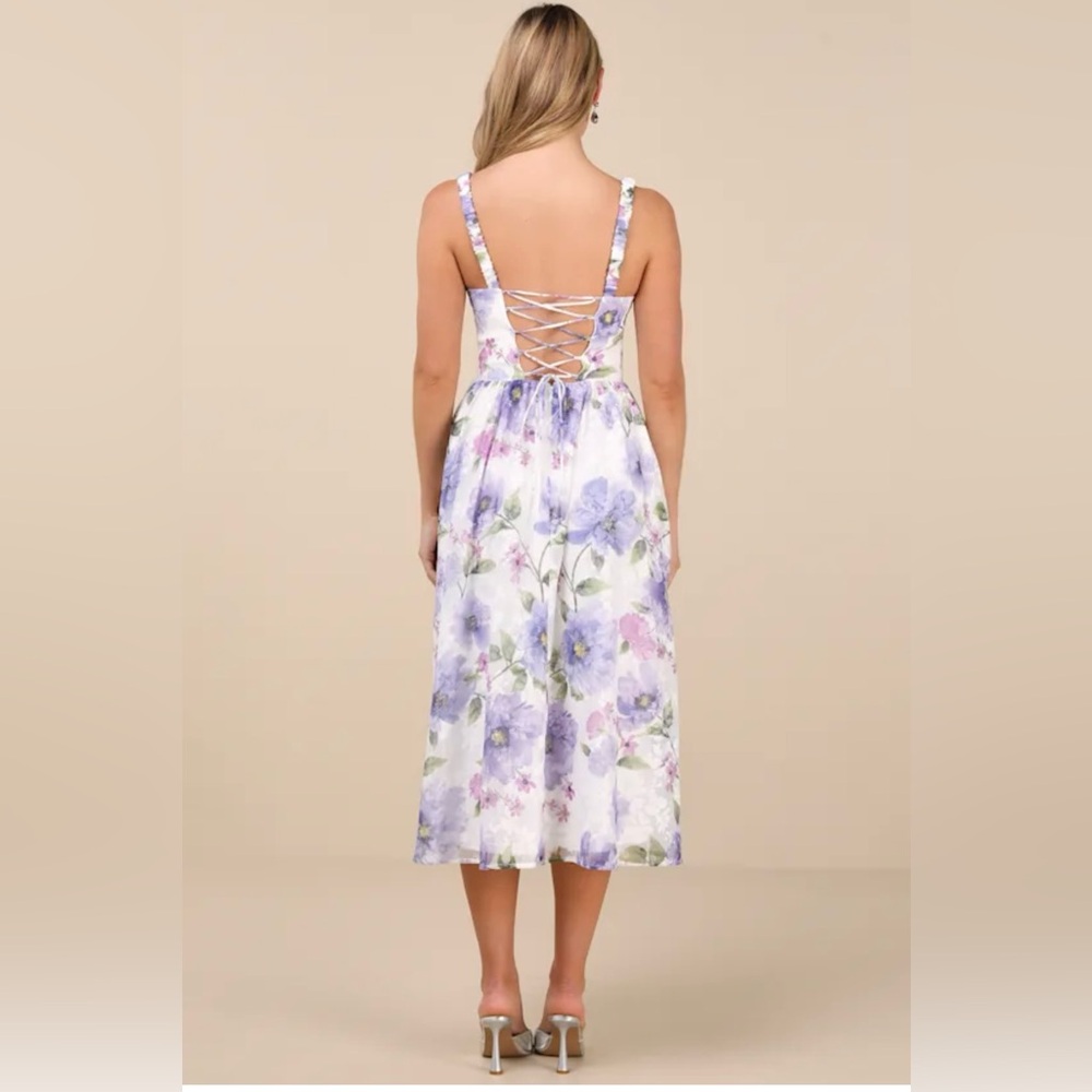 💜LULUS Hillela Ivory Floral Ruffled Lace-Up Midi Skater Dress💜SZ L- NWT - Picture 3 of 16